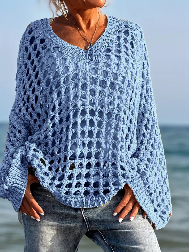 Casual and versatile openwork long-sleeved plus-size women's knit sweater