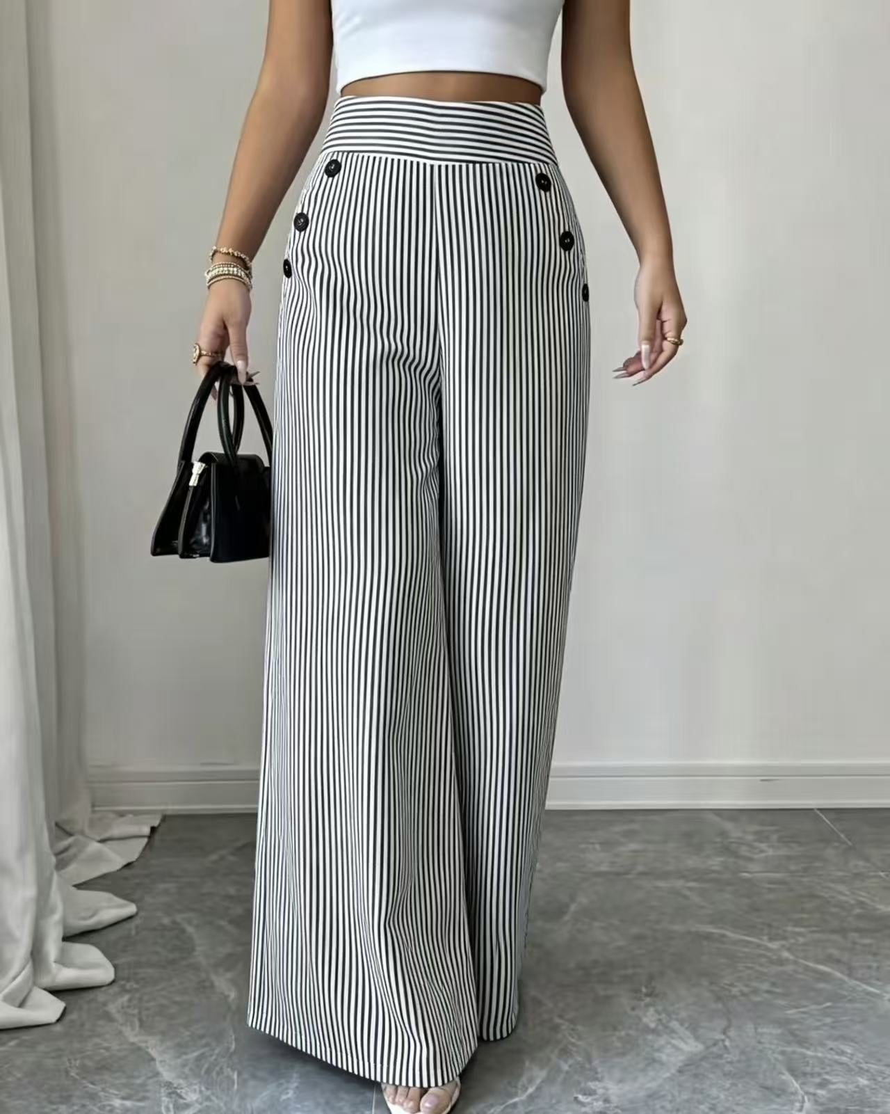 New summer blue and white striped wide-leg pants