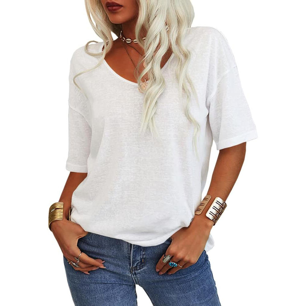Women's T-shirt, V-neck, short-sleeved, loose-fitting, casual, solid color.