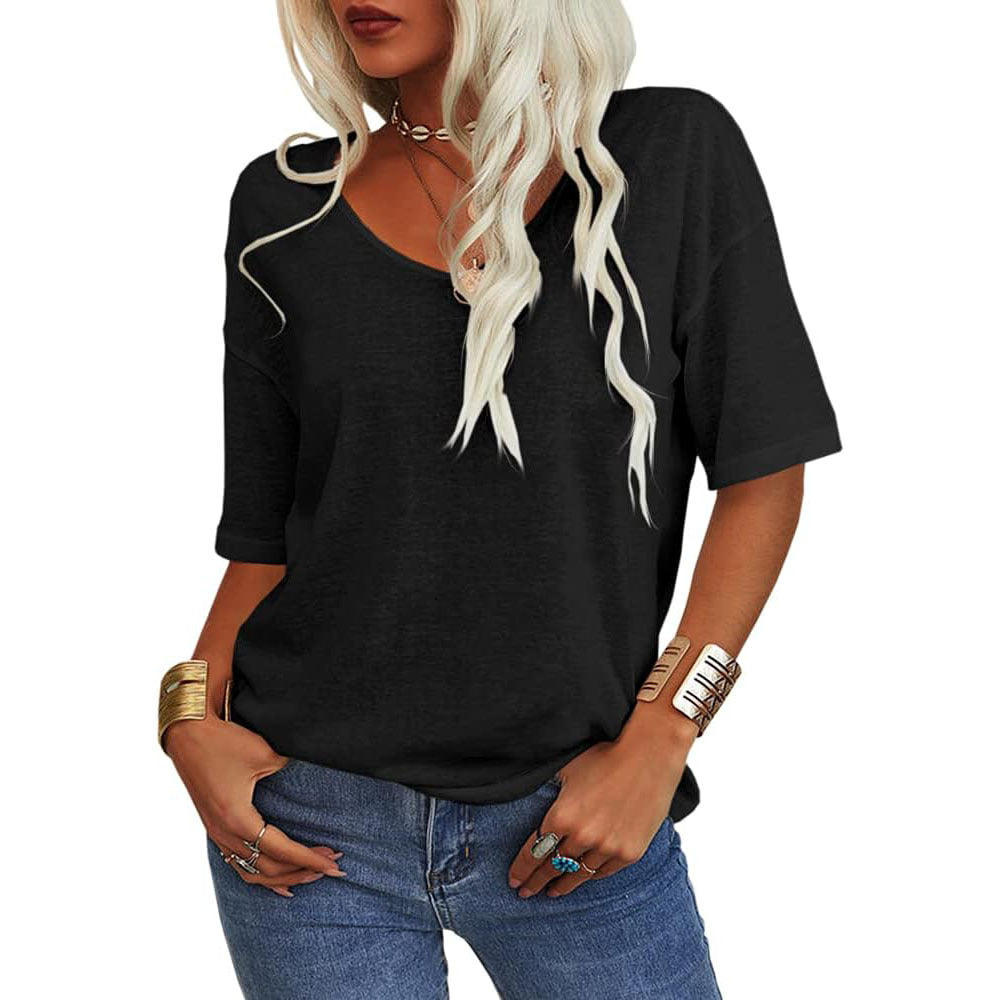 Women's T-shirt, V-neck, short-sleeved, loose-fitting, casual, solid color.