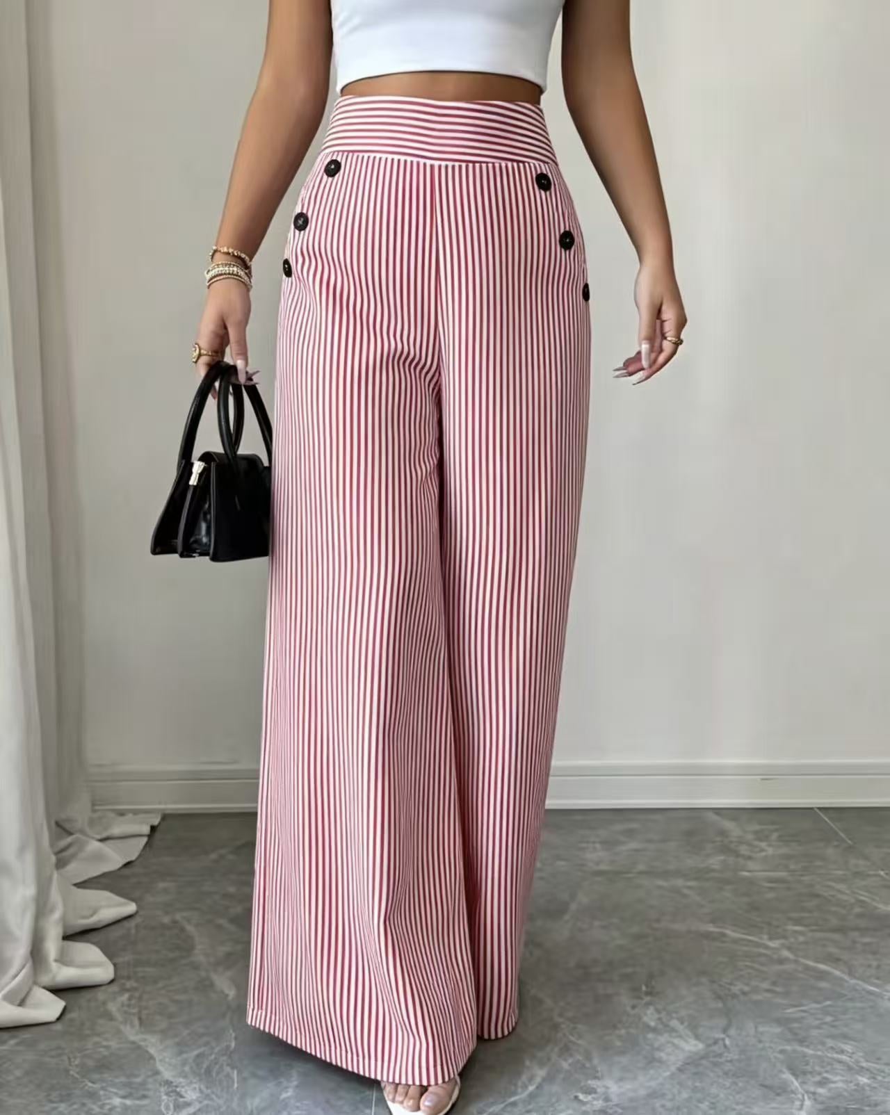 New summer blue and white striped wide-leg pants