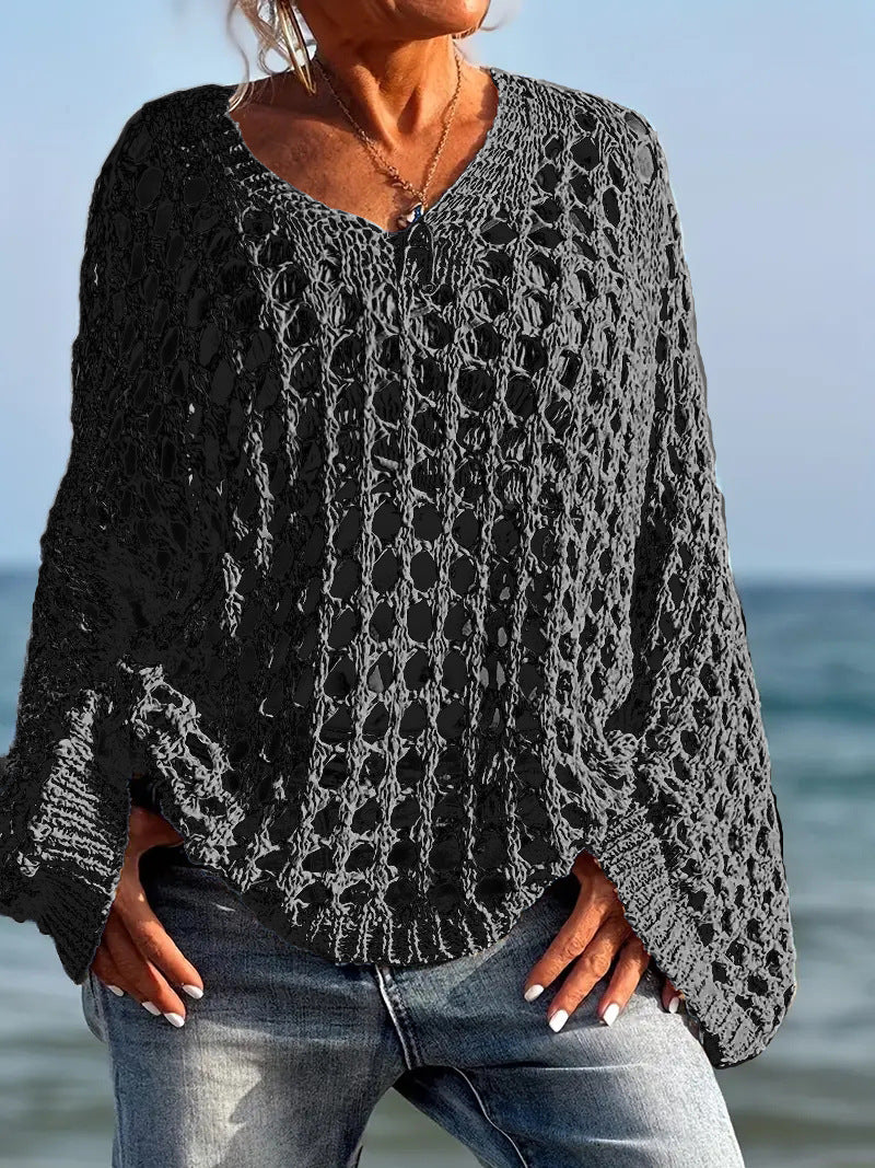Casual and versatile openwork long-sleeved plus-size women's knit sweater