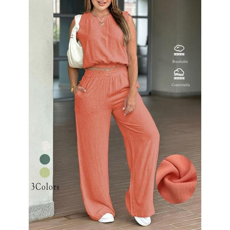 Sleeveless top and wide-leg pants two-piece set
