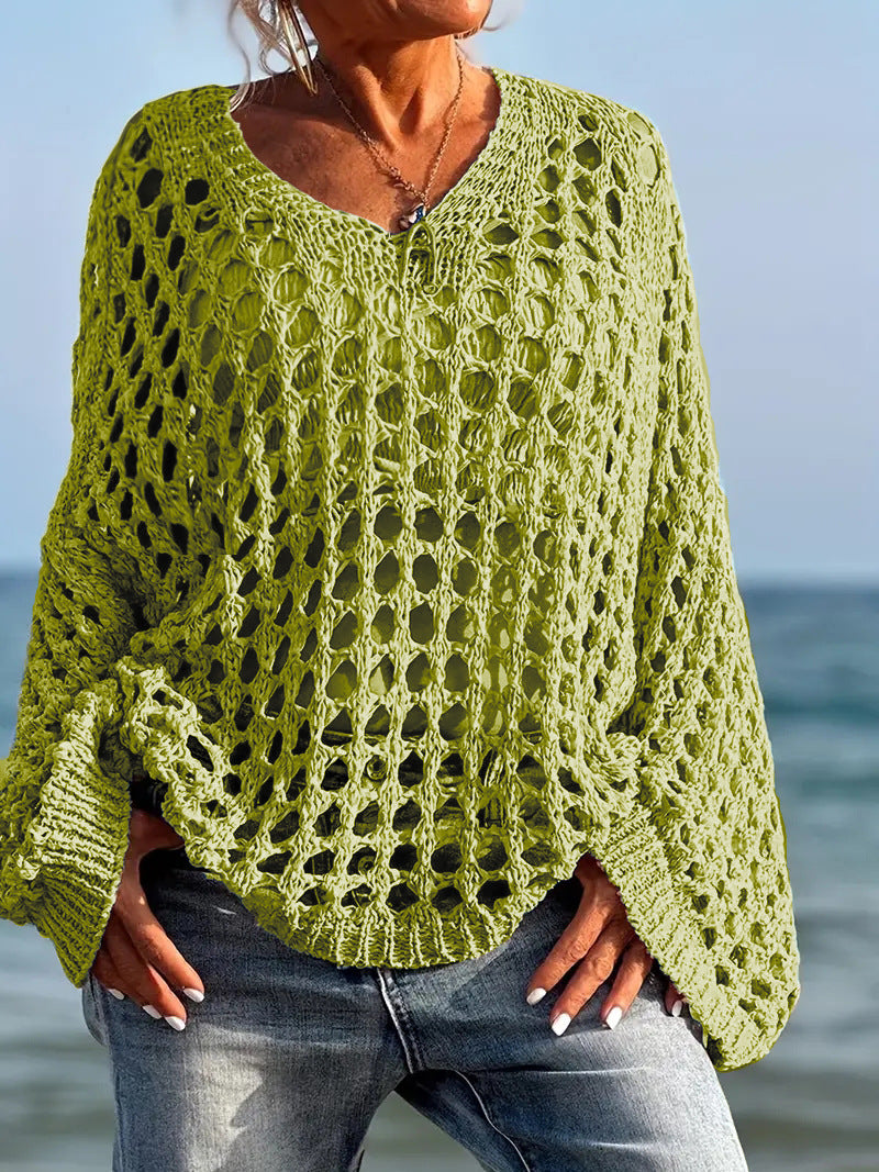 Casual and versatile openwork long-sleeved plus-size women's knit sweater