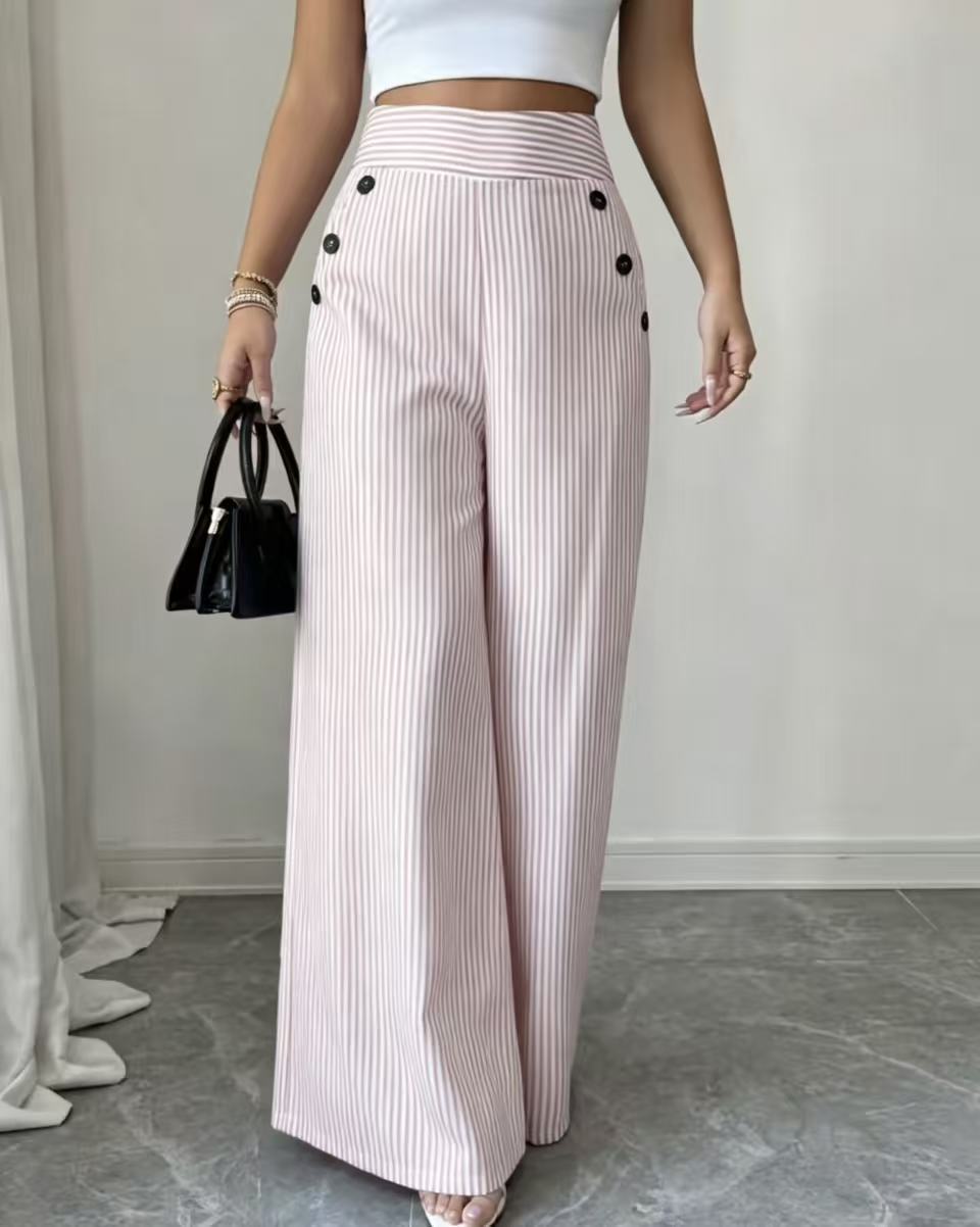 New summer blue and white striped wide-leg pants