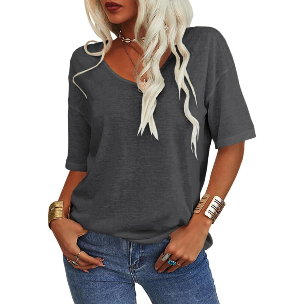 Women's T-shirt, V-neck, short-sleeved, loose-fitting, casual, solid color.