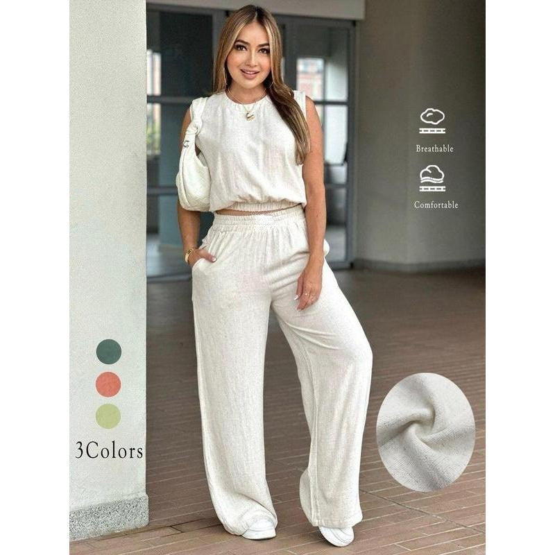 Sleeveless top and wide-leg pants two-piece set