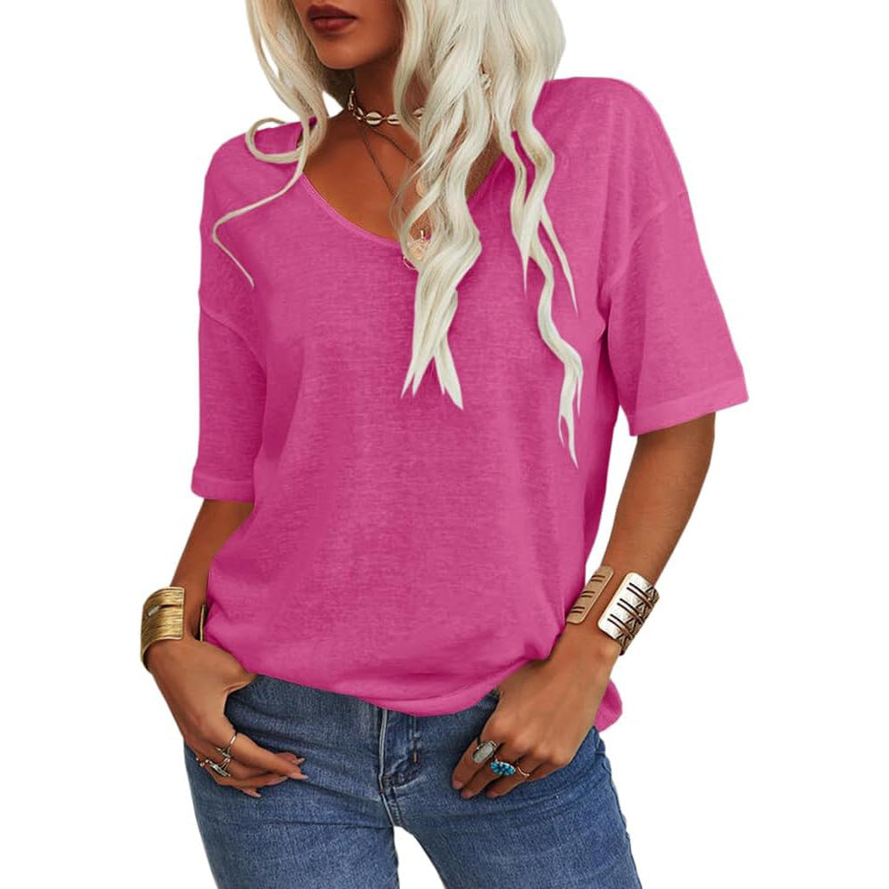 Women's T-shirt, V-neck, short-sleeved, loose-fitting, casual, solid color.