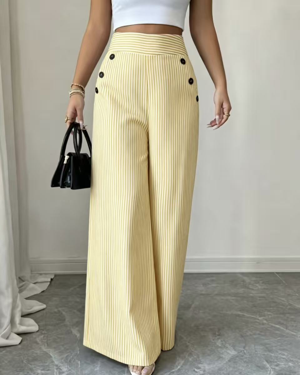 New summer blue and white striped wide-leg pants