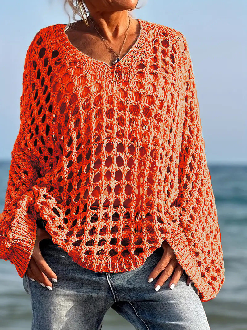Casual and versatile openwork long-sleeved plus-size women's knit sweater