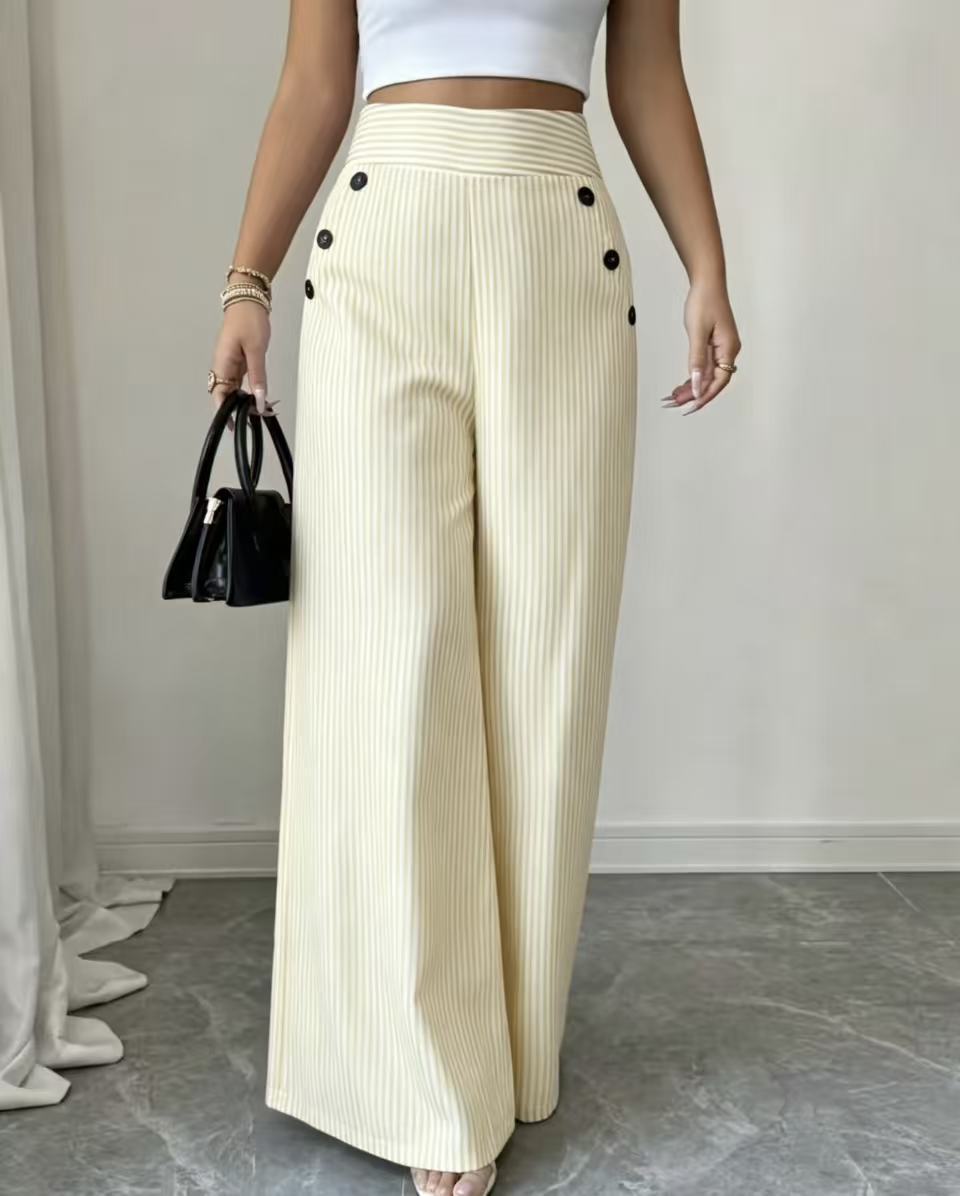 New summer blue and white striped wide-leg pants