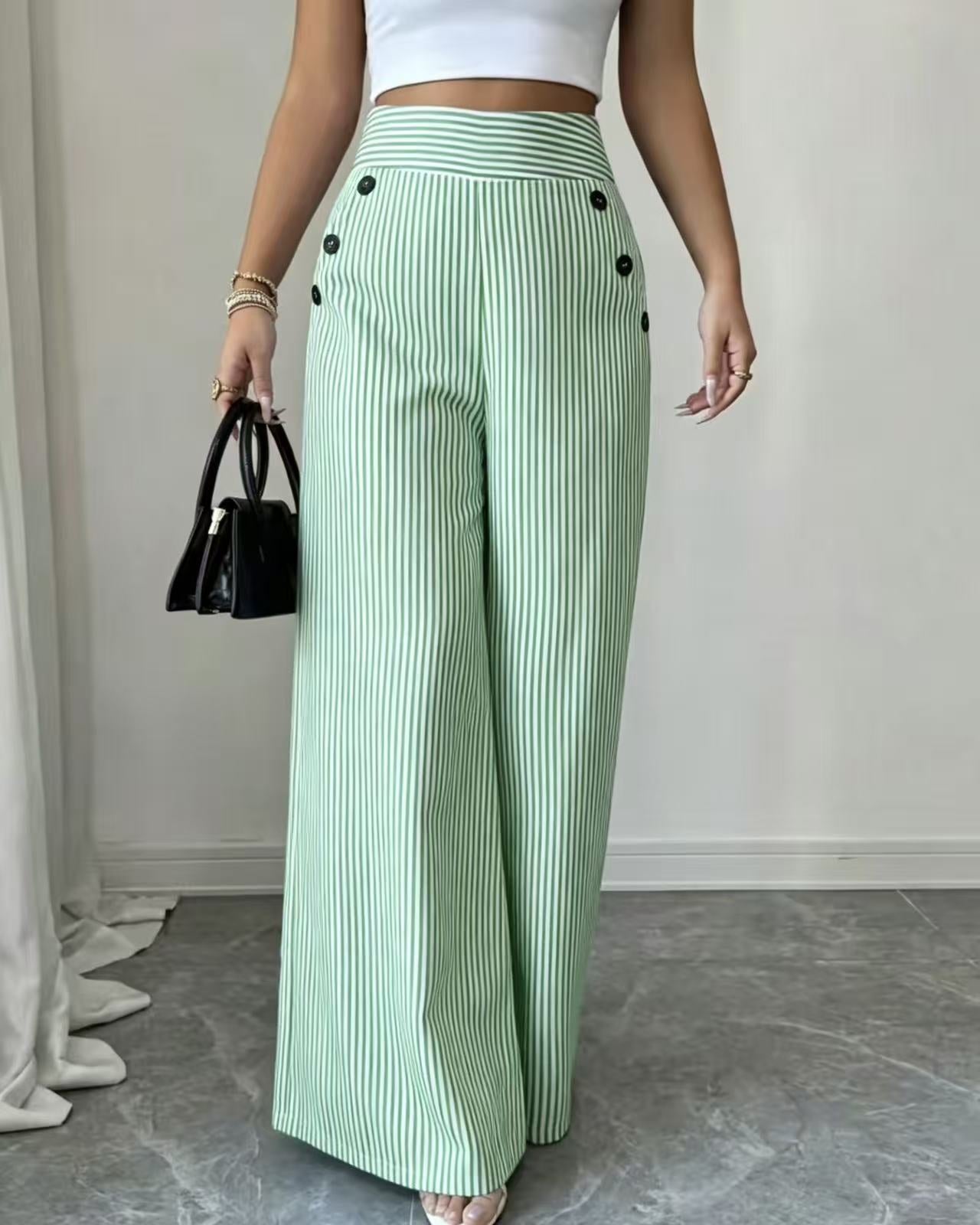 New summer blue and white striped wide-leg pants