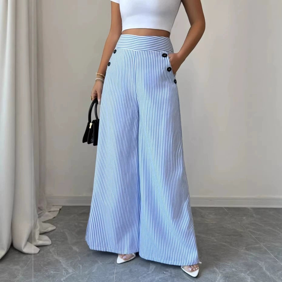 New summer blue and white striped wide-leg pants
