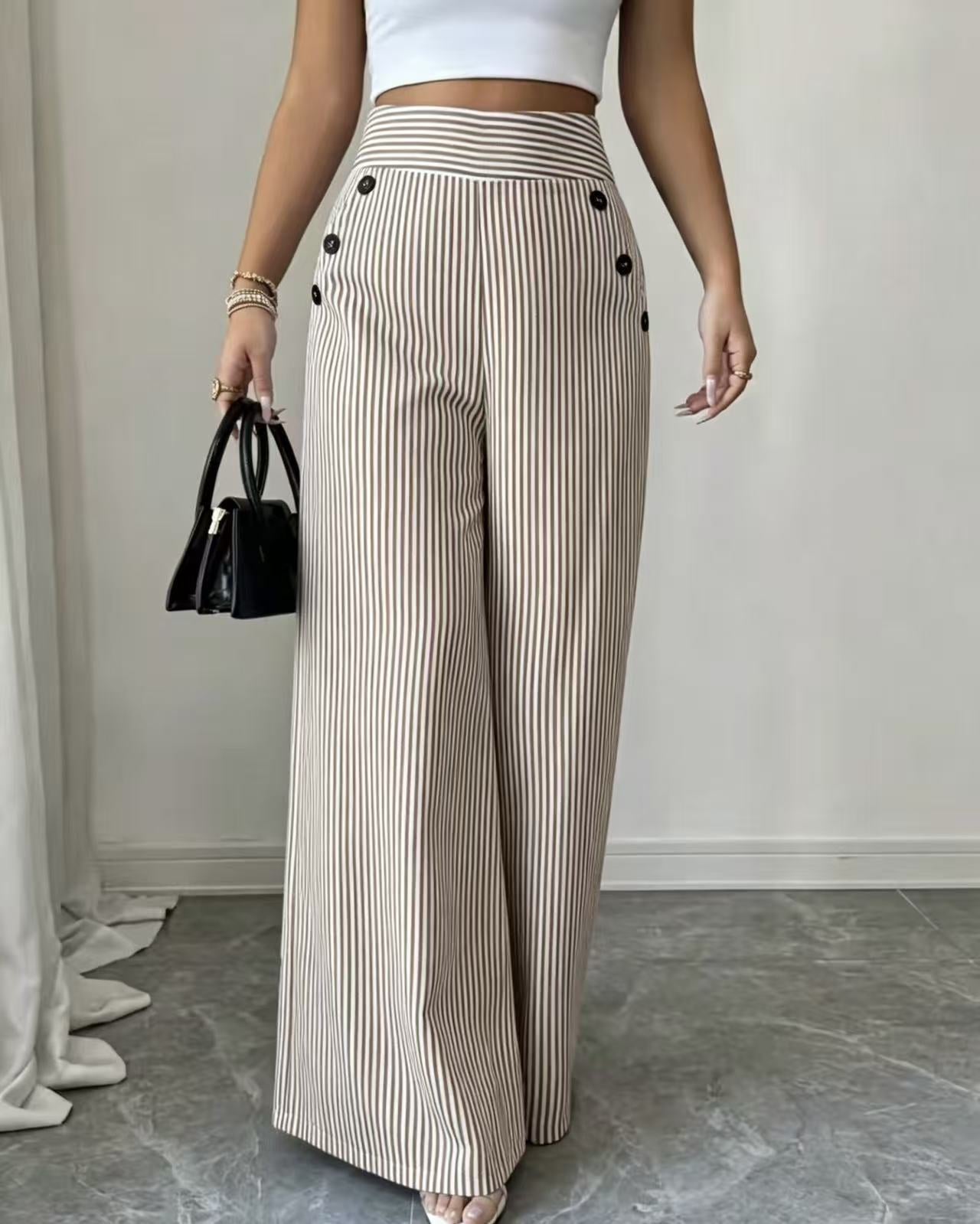 New summer blue and white striped wide-leg pants