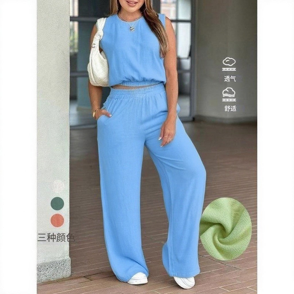 Sleeveless top and wide-leg pants two-piece set
