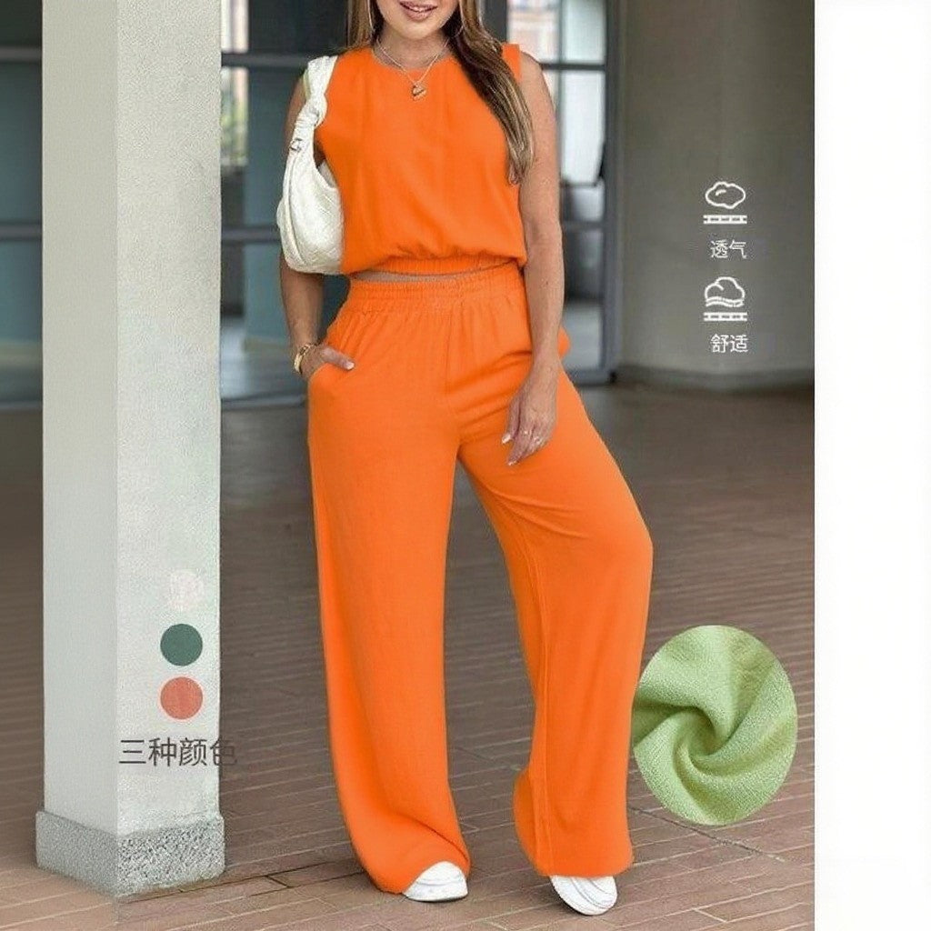 Sleeveless top and wide-leg pants two-piece set