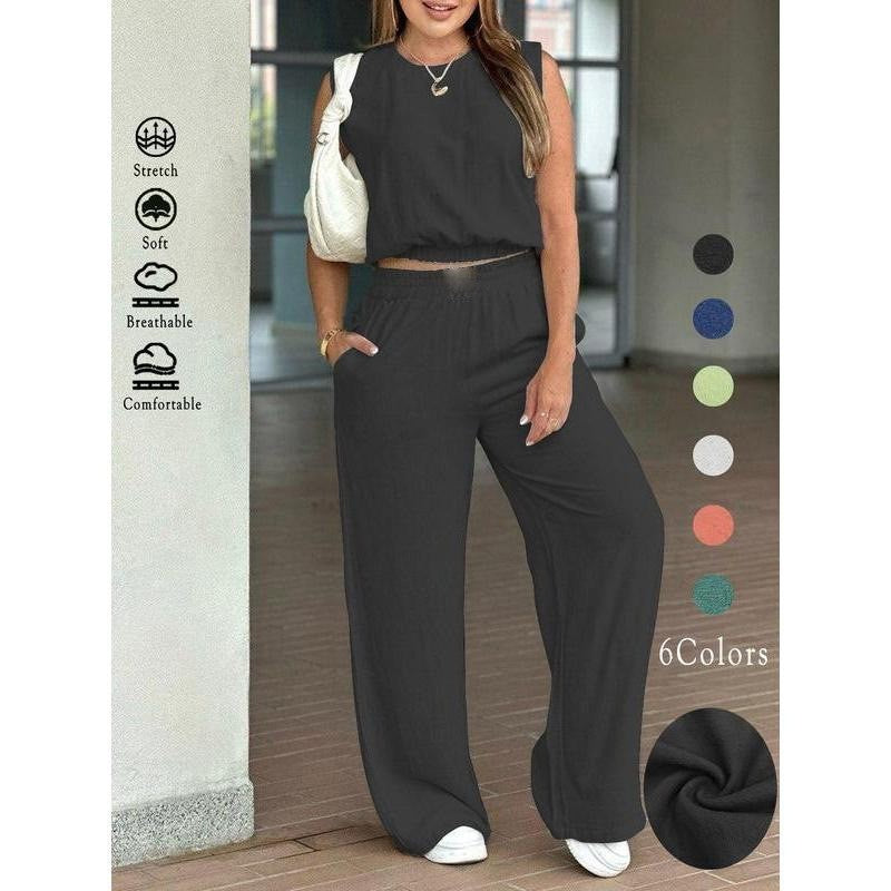 Sleeveless top and wide-leg pants two-piece set